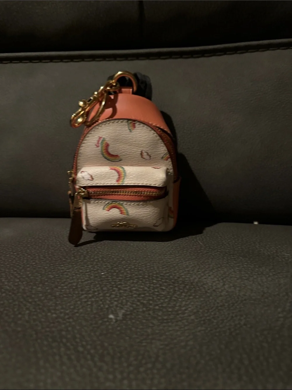 Coach Cream Mini Backpack Keychain with Rainbow Print and Pink Trim